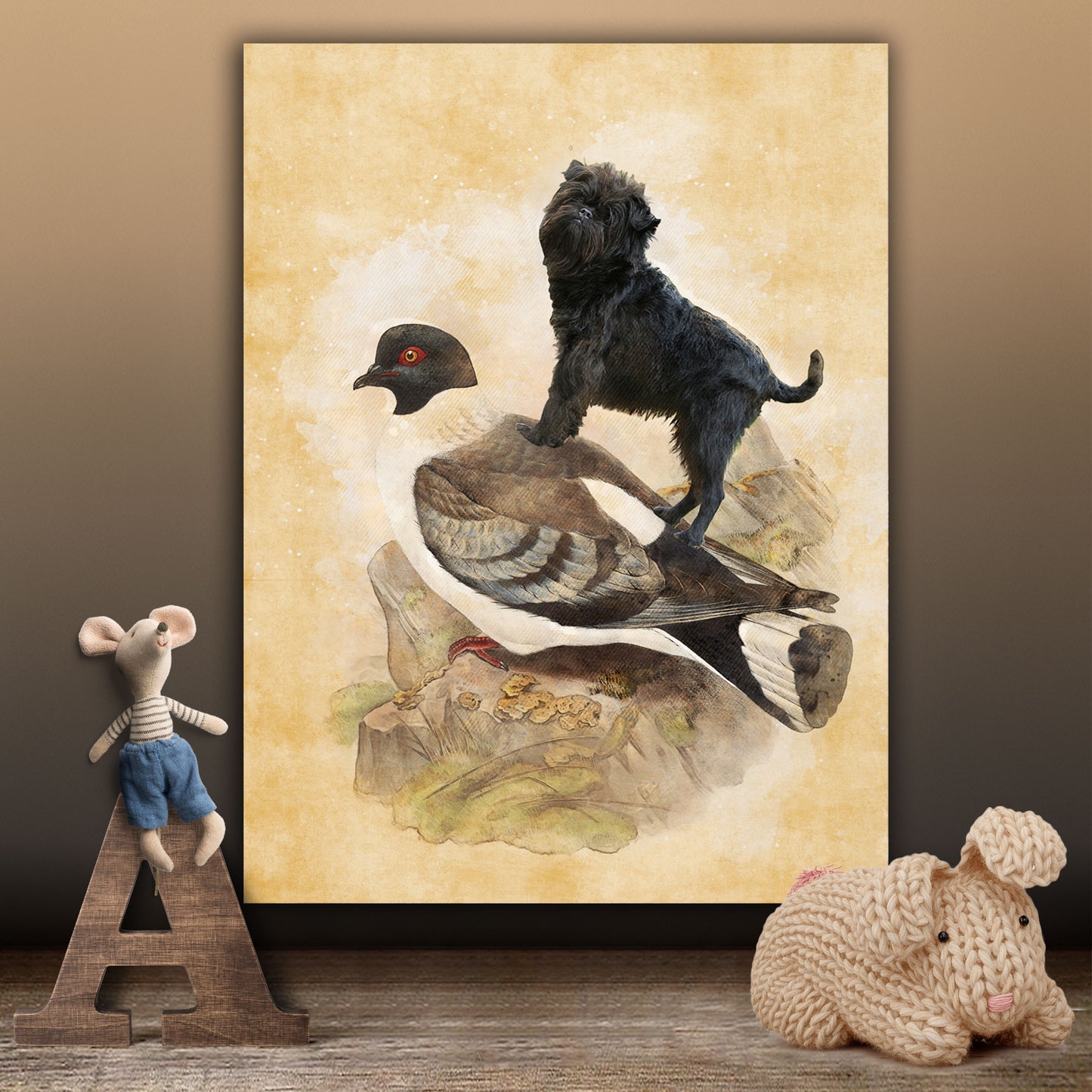 Affenpinscher and Pigeon Vintage Art by Nobility Dogs