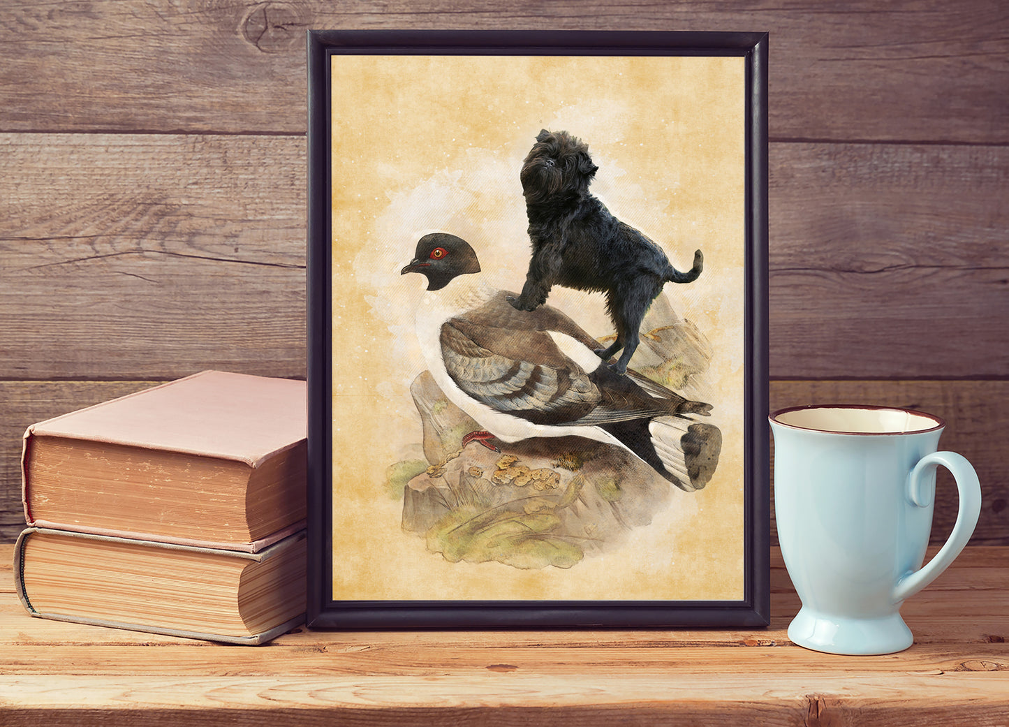 Affenpinscher and Pigeon Vintage Art by Nobility Dogs