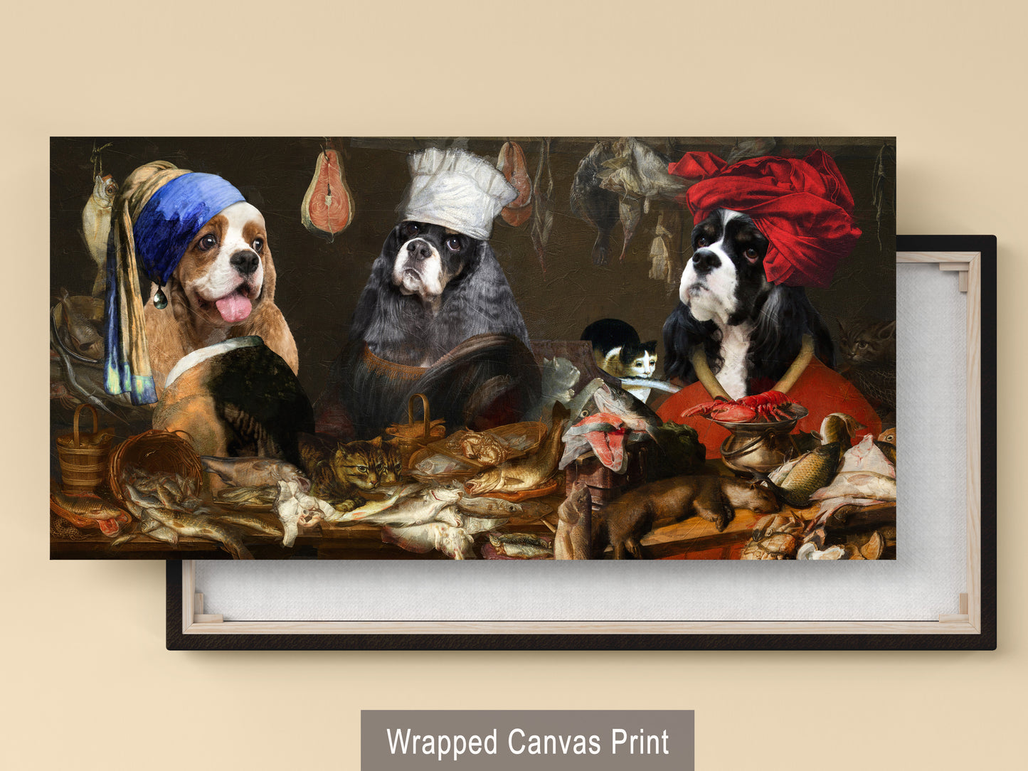 American Cocker Spaniels, Kitchen Scene, Mona Lisa Chef, Maid with pearl earring, Fish Gourmet with a red turban