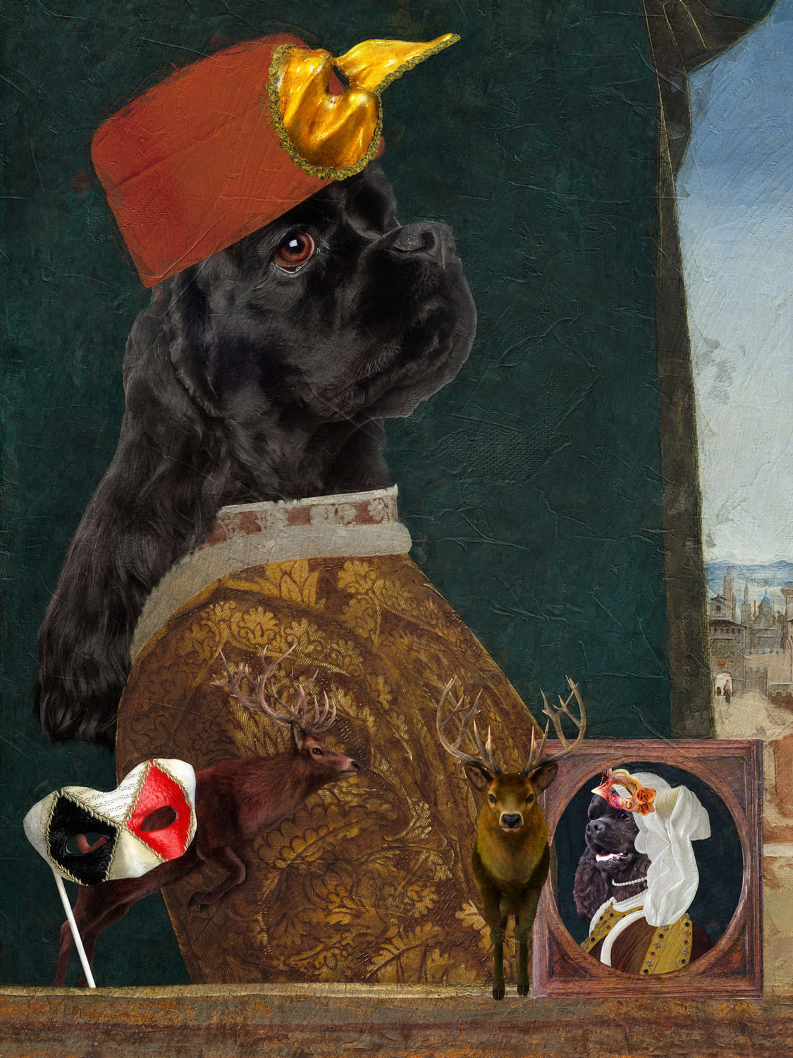 Black Cocker Spaniel Diptych Venetian Renaissance Couple