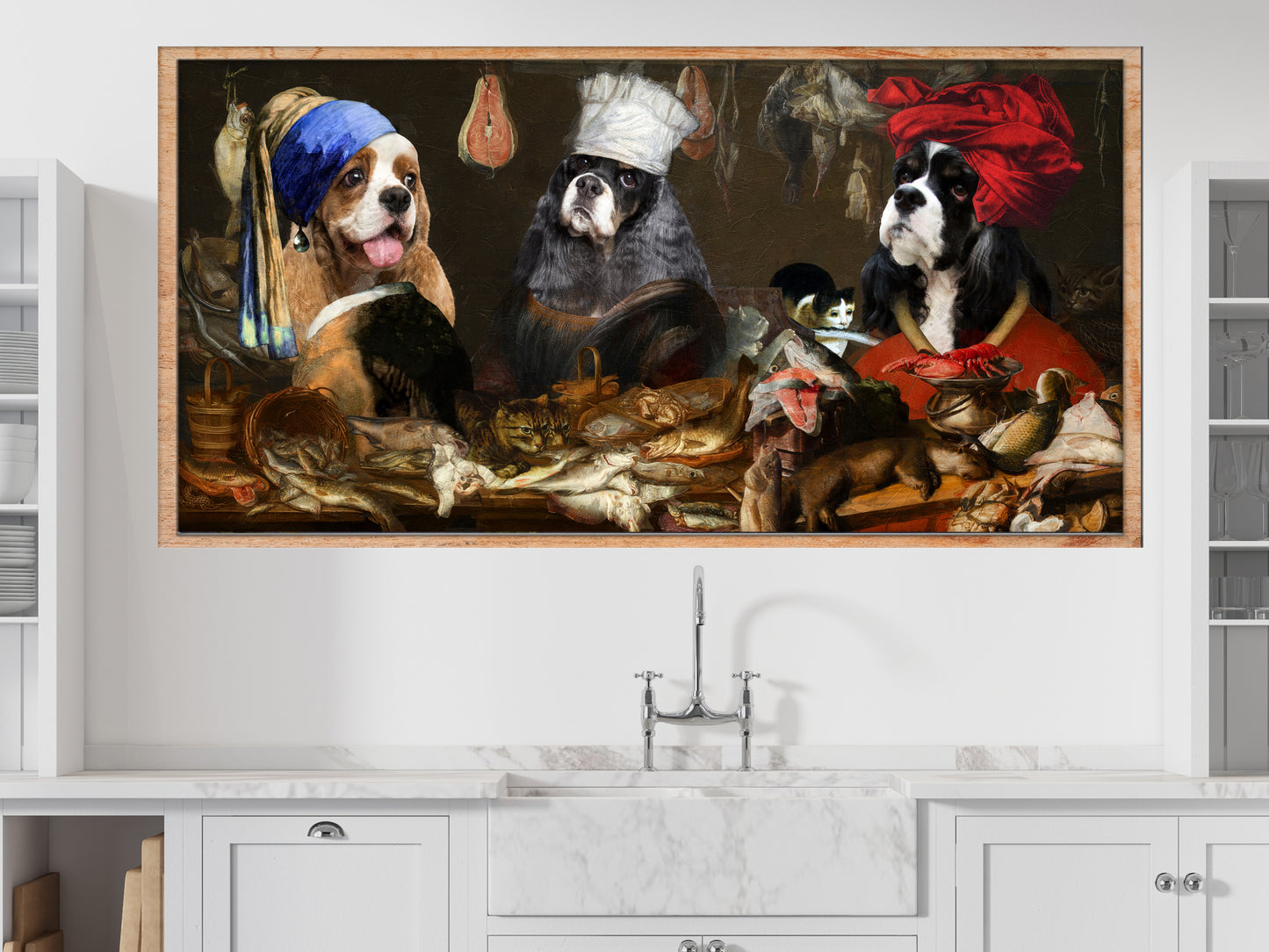 American Cocker Spaniels, Kitchen Scene, Mona Lisa Chef, Maid with pearl earring, Fish Gourmet with a red turban