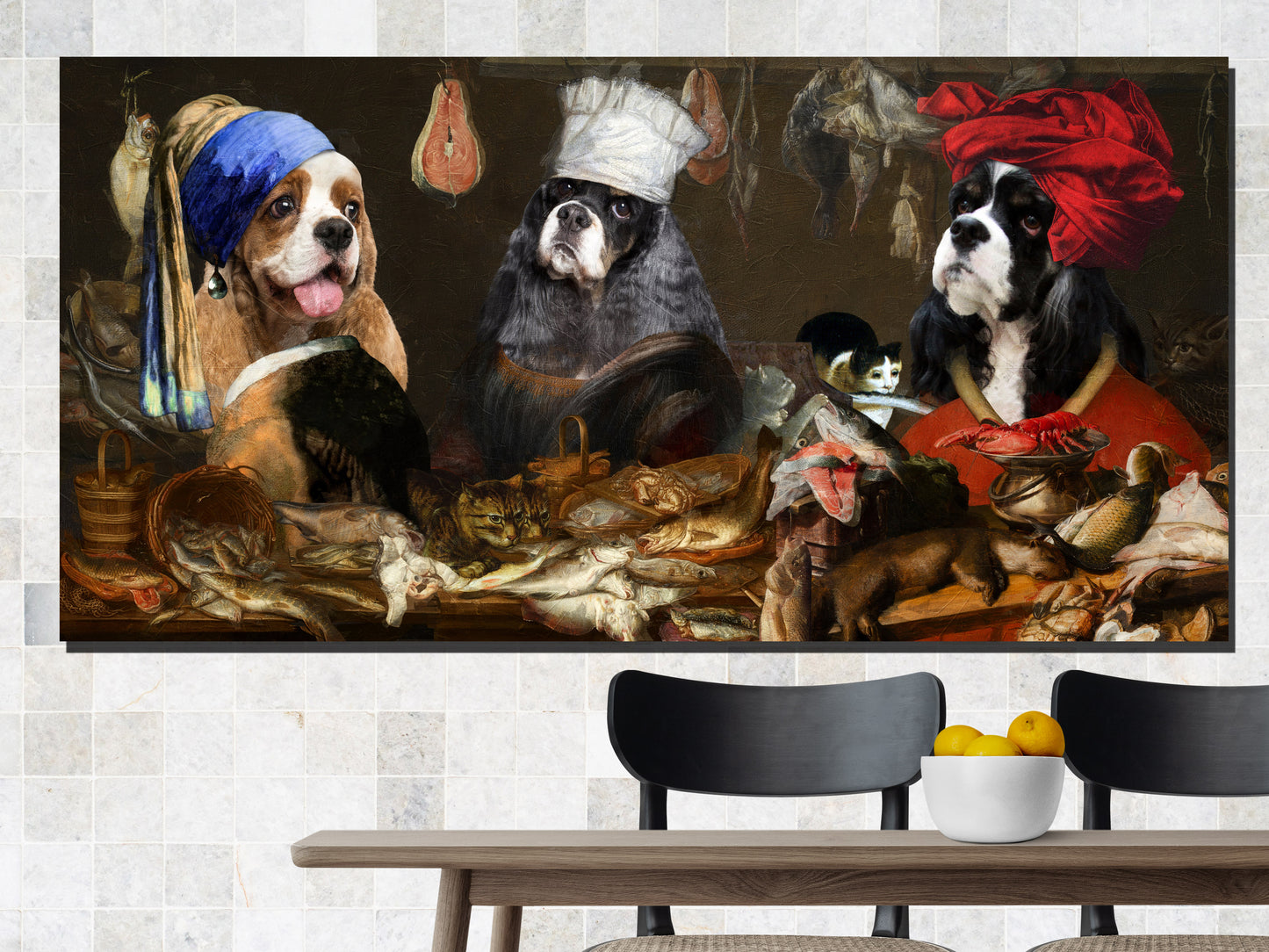 American Cocker Spaniels, Kitchen Scene, Mona Lisa Chef, Maid with pearl earring, Fish Gourmet with a red turban