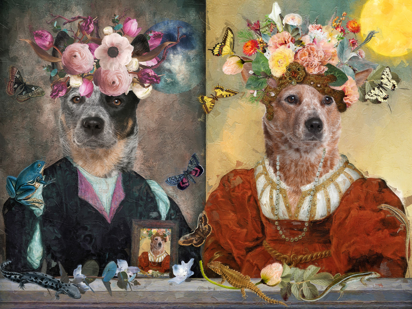 Moon Gentleman Blue Heeler and Sun Lady Red Heeler Couple Art