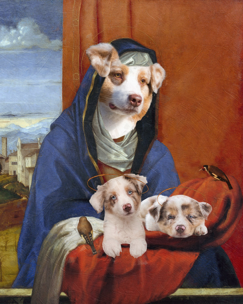 Sixtine Madonna Akita américain et chiot avec chérubins