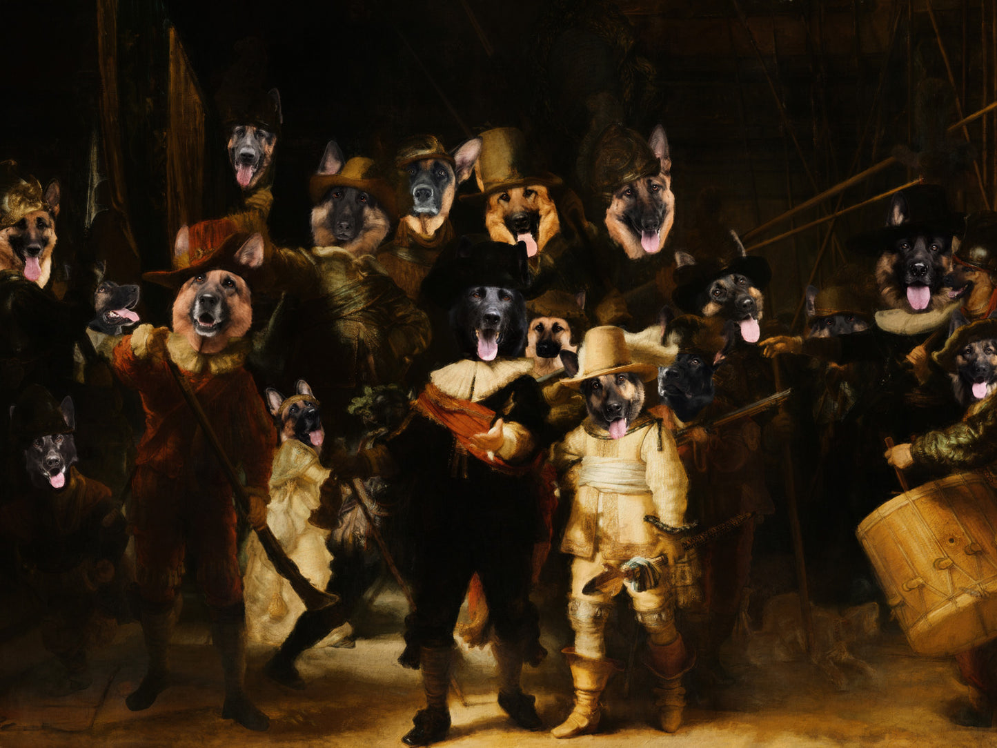 The Night Watch Rembrandt van German Shepherd Dog Style Art Renaissance Masterpiece