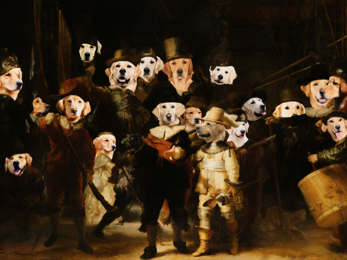 The Night Watch Rembrandt van Golden Retriever Dog Style Art Renaissance Masterpiece
