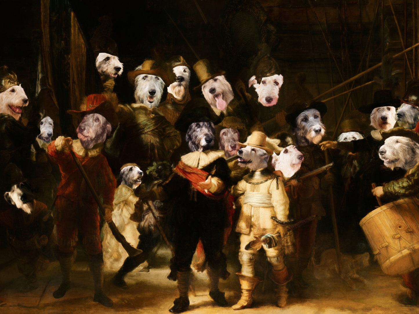 The Night Watch Rembrandt van Irish Wolfhound Dog Style Art Renaissance Masterpiece