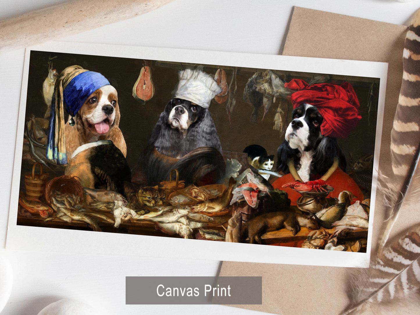 American Cocker Spaniels, Kitchen Scene, Mona Lisa Chef, Maid with pearl earring, Fish Gourmet with a red turban