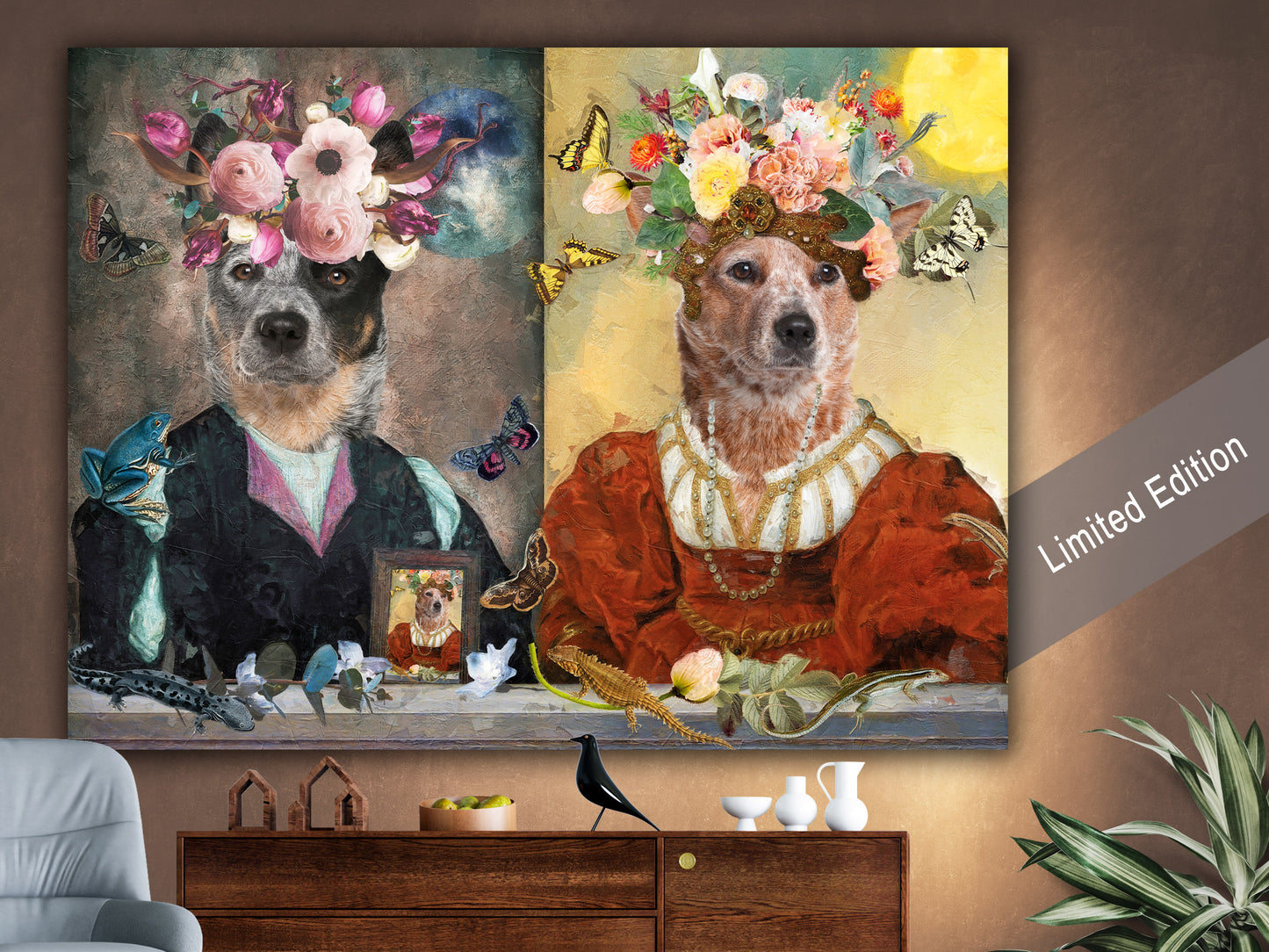 Moon Gentleman Blue Heeler and Sun Lady Red Heeler Couple Art