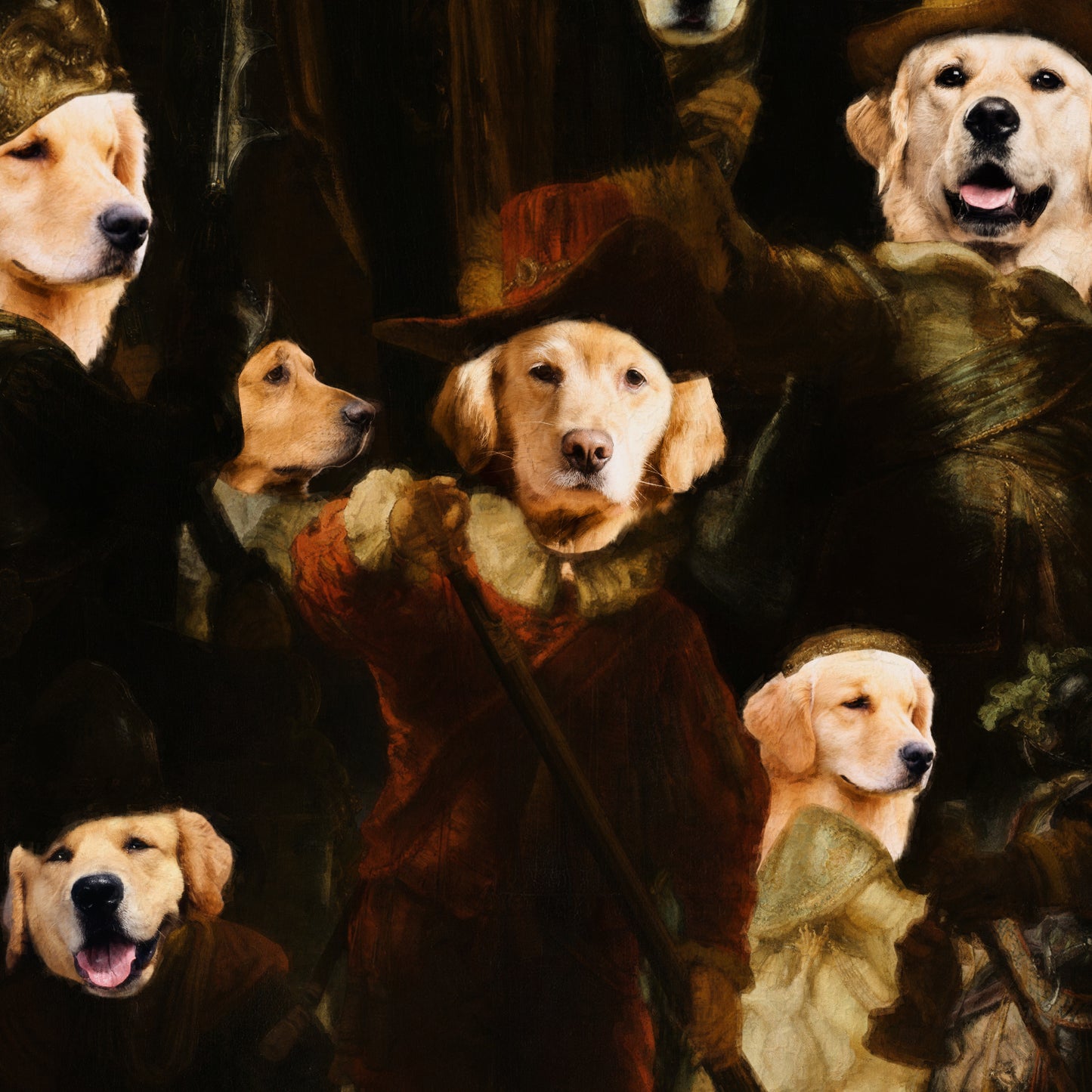 The Night Watch Rembrandt van Golden Retriever Dog Style Art Renaissance Masterpiece