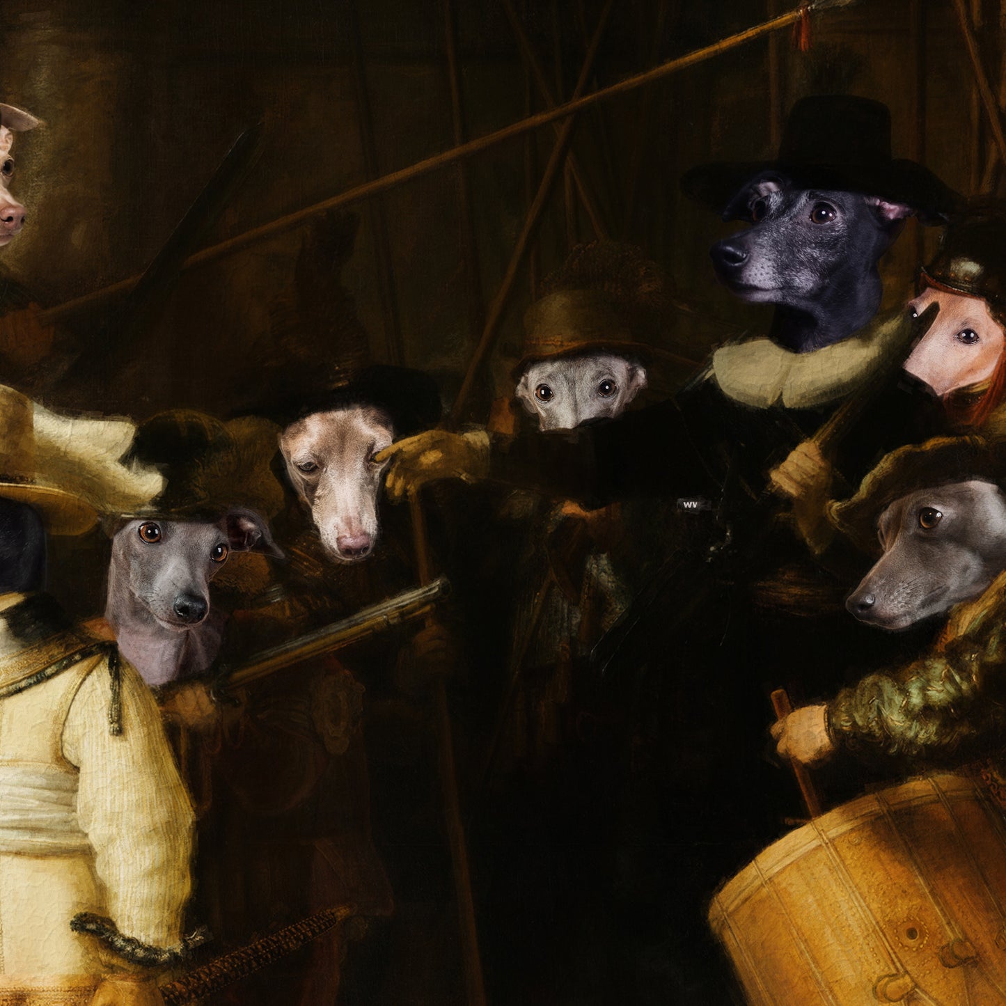 The Night Watch Rembrandt van Italian Greyhound Dog Style Art Renaissance Masterpiece