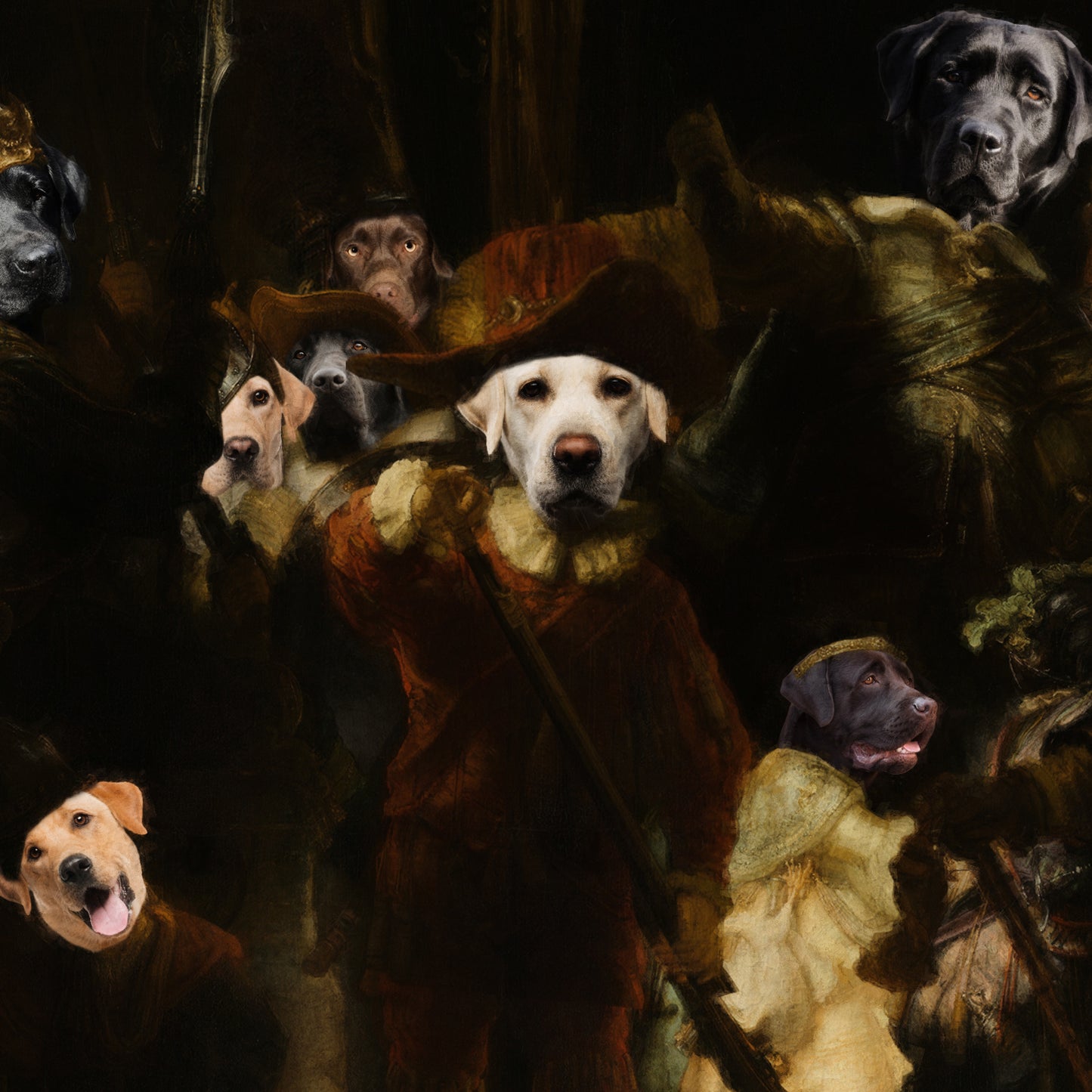 The Night Watch Rembrandt van Labrador Retriever Dog Style Art Renaissance Masterpiece