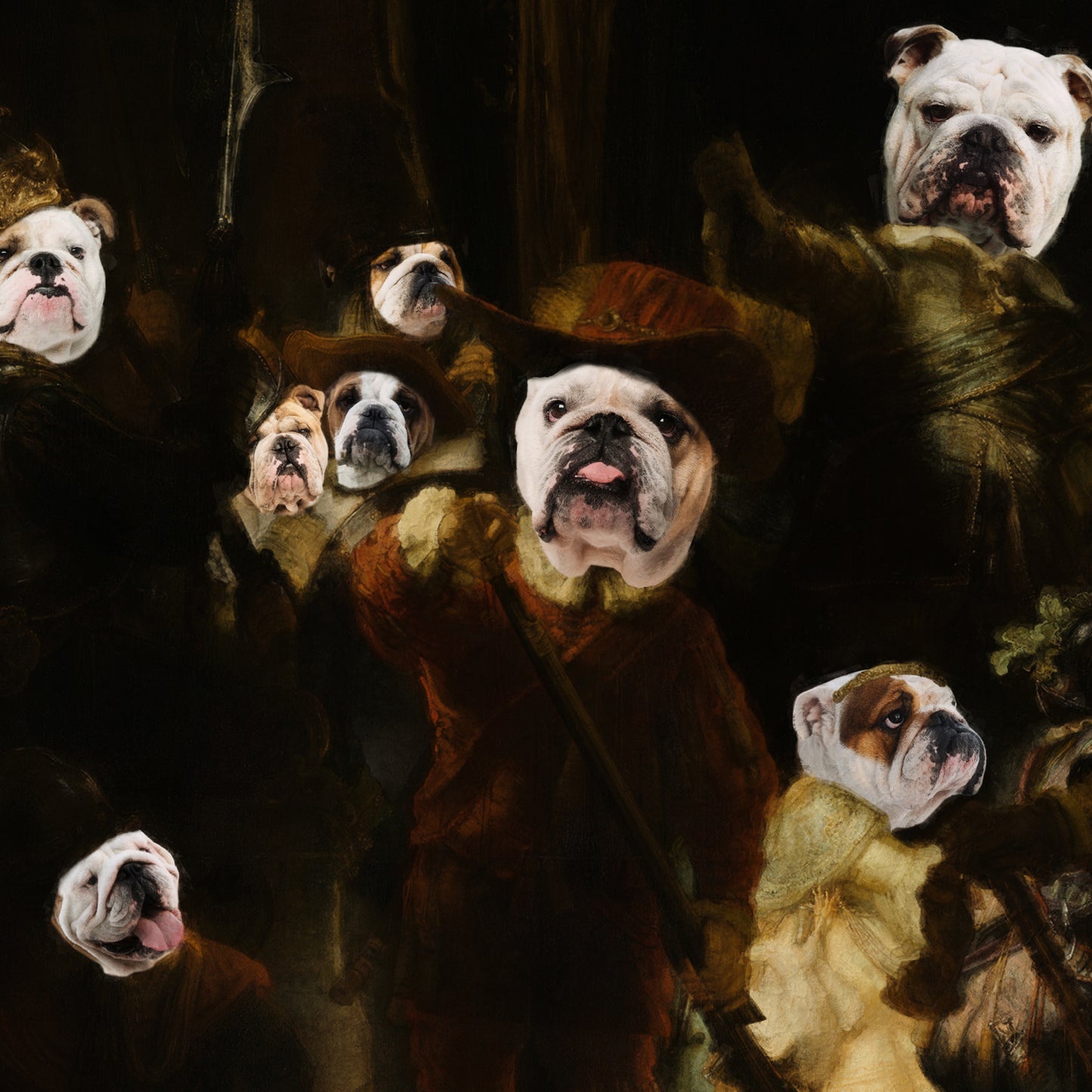 The Night Watch Rembrandt van English Bulldog Dog Style Art Renaissance Masterpiece