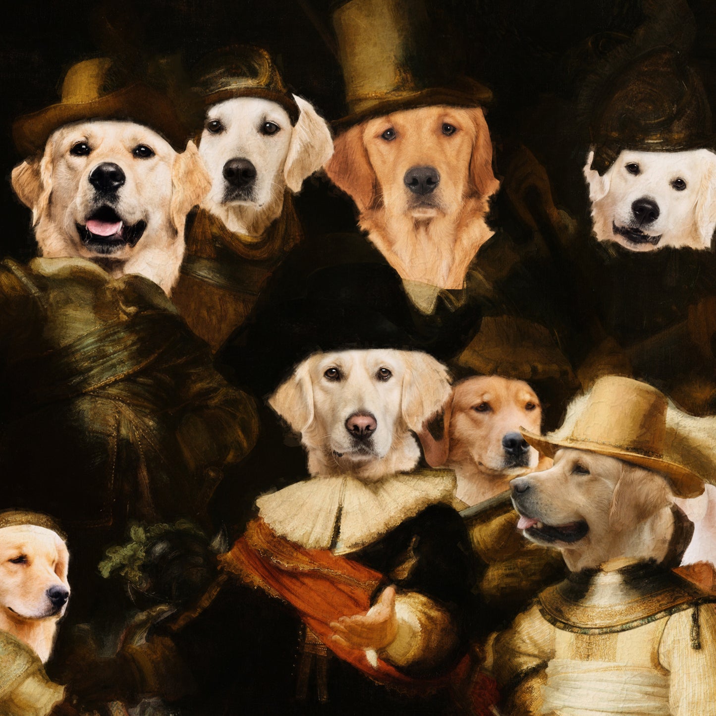 The Night Watch Rembrandt van Golden Retriever Dog Style Art Renaissance Masterpiece