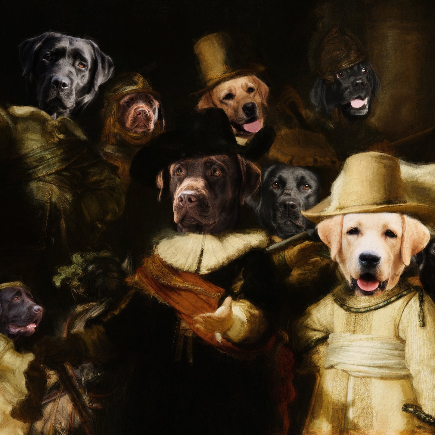 The Night Watch Rembrandt van Labrador Retriever Dog Style Art Renaissance Masterpiece