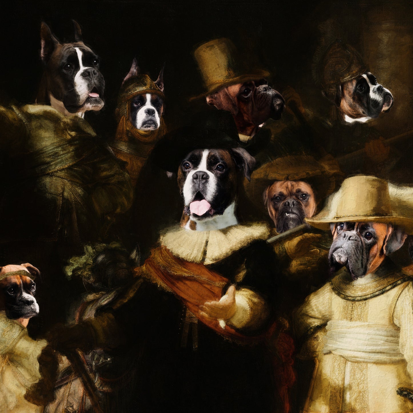 The Night Watch Rembrandt van Boxer Dog Style Art Renaissance Masterpiece