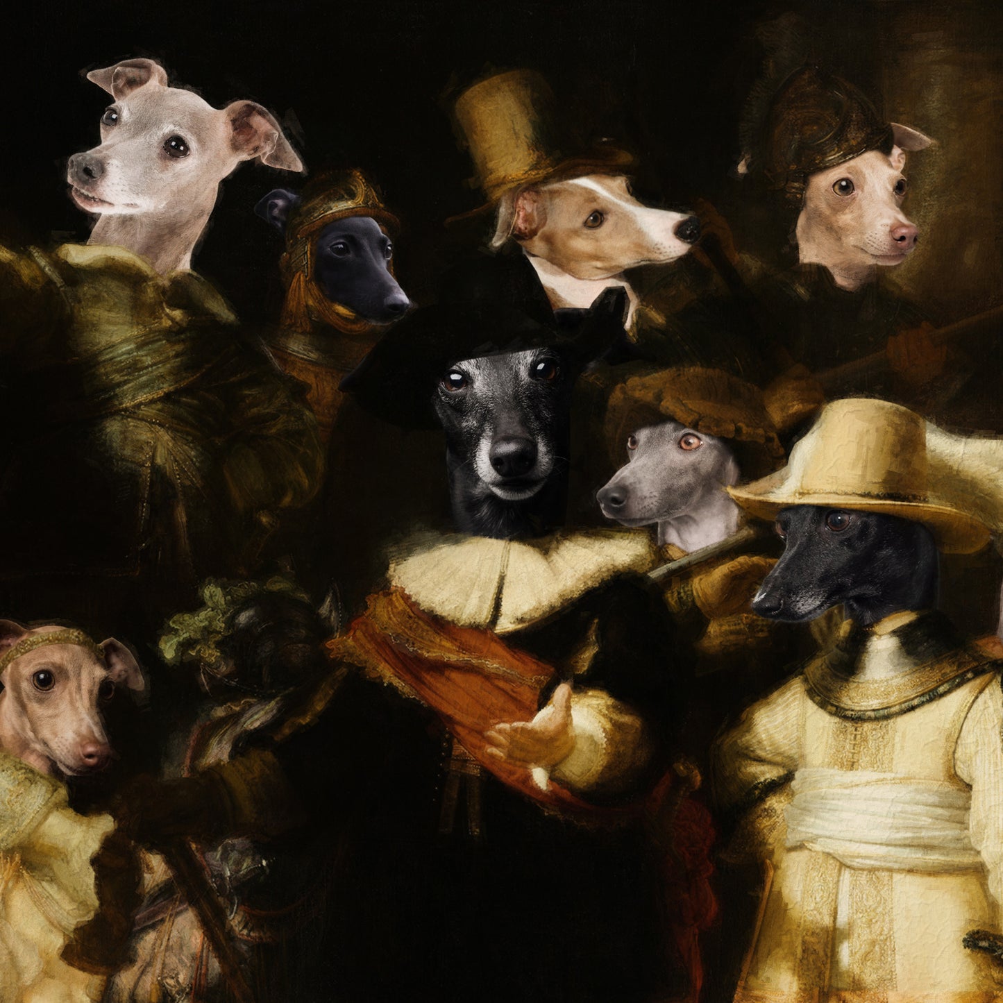The Night Watch Rembrandt van Italian Greyhound Dog Style Art Renaissance Masterpiece