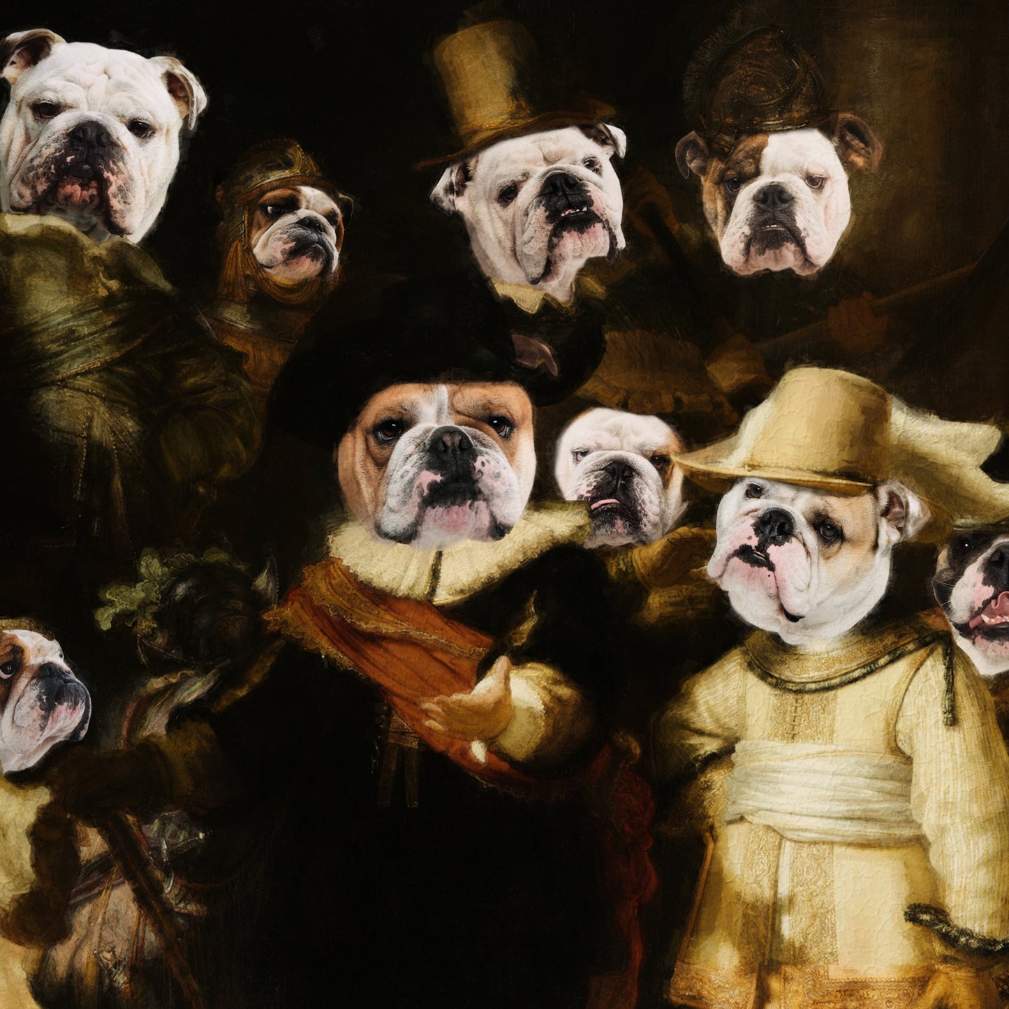 The Night Watch Rembrandt van English Bulldog Dog Style Art Renaissance Masterpiece