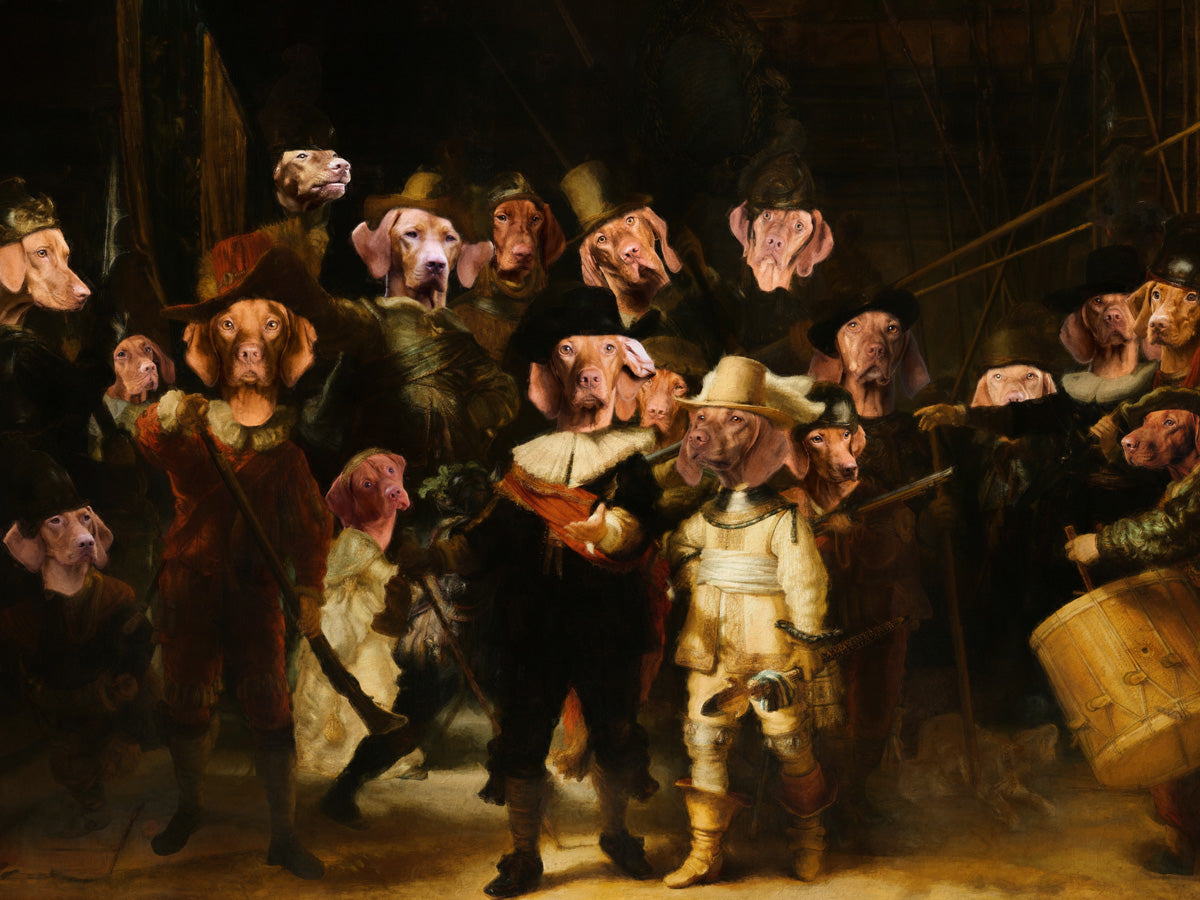 The Night Watch Rembrandt van Vizsla Dog Style Art Renaissance Masterpiece