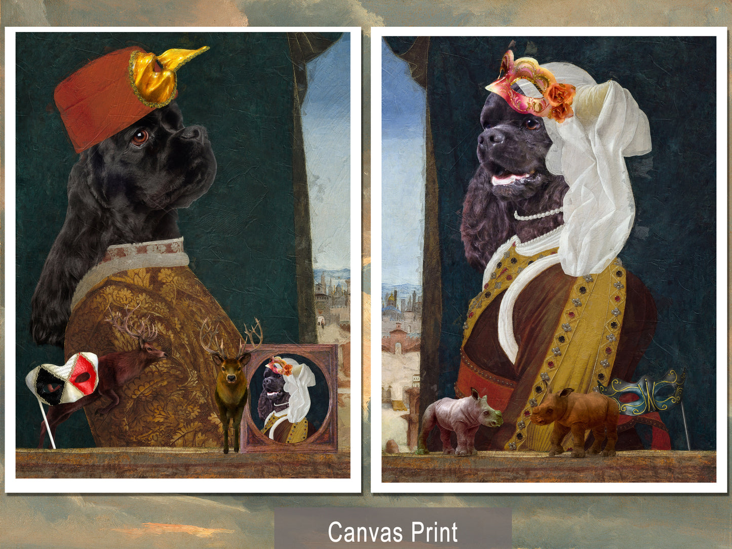Black Cocker Spaniel Diptych Venetian Renaissance Couple