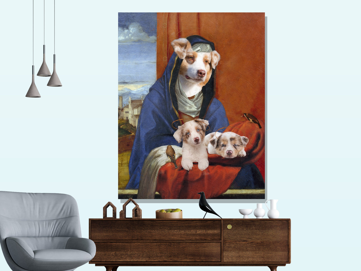 Sixtine Madonna Akita américain et chiot avec chérubins