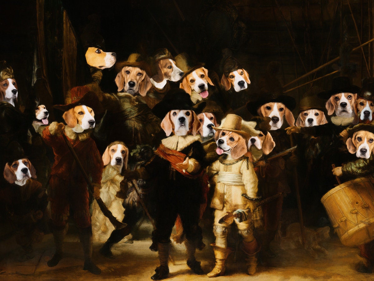The Night Watch Rembrandt van Beagle Dog Style Art Renaissance Masterpiece