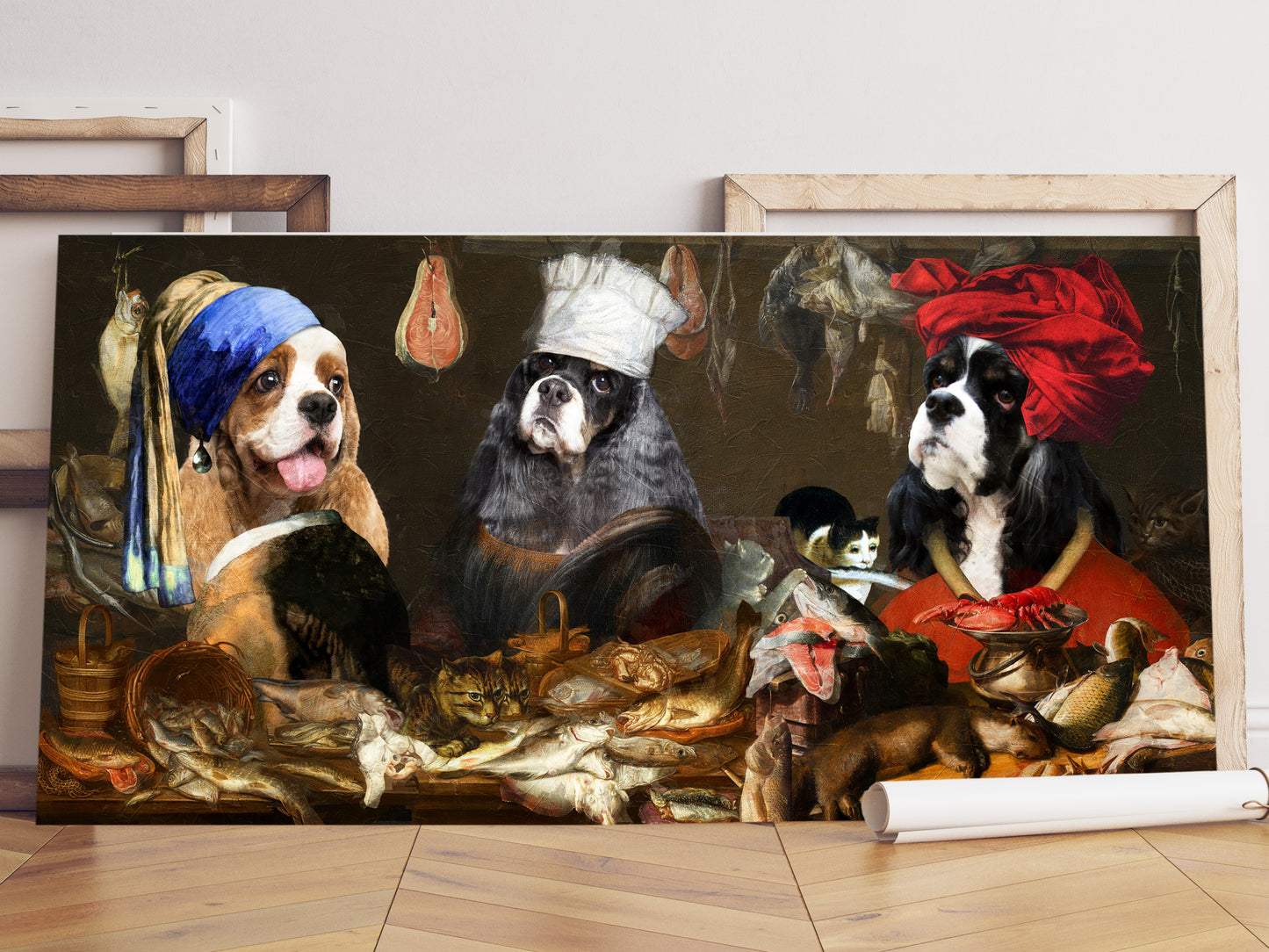 American Cocker Spaniels, Kitchen Scene, Mona Lisa Chef, Maid with pearl earring, Fish Gourmet with a red turban