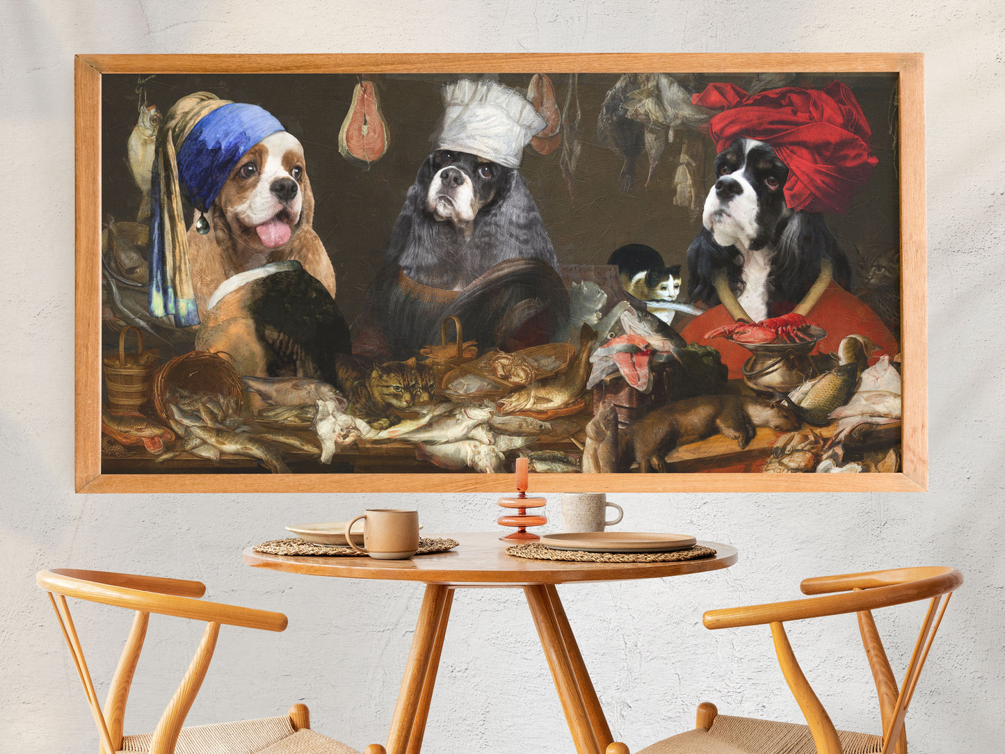 American Cocker Spaniels, Kitchen Scene, Mona Lisa Chef, Maid with pearl earring, Fish Gourmet with a red turban