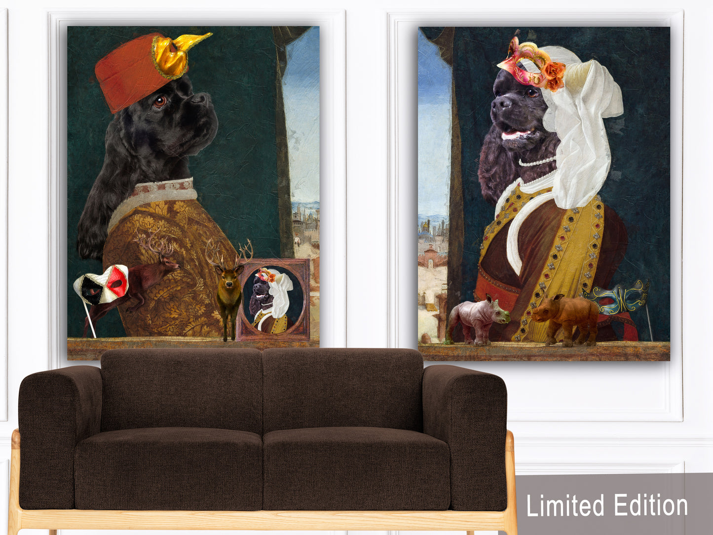 Black Cocker Spaniel Diptych Venetian Renaissance Couple
