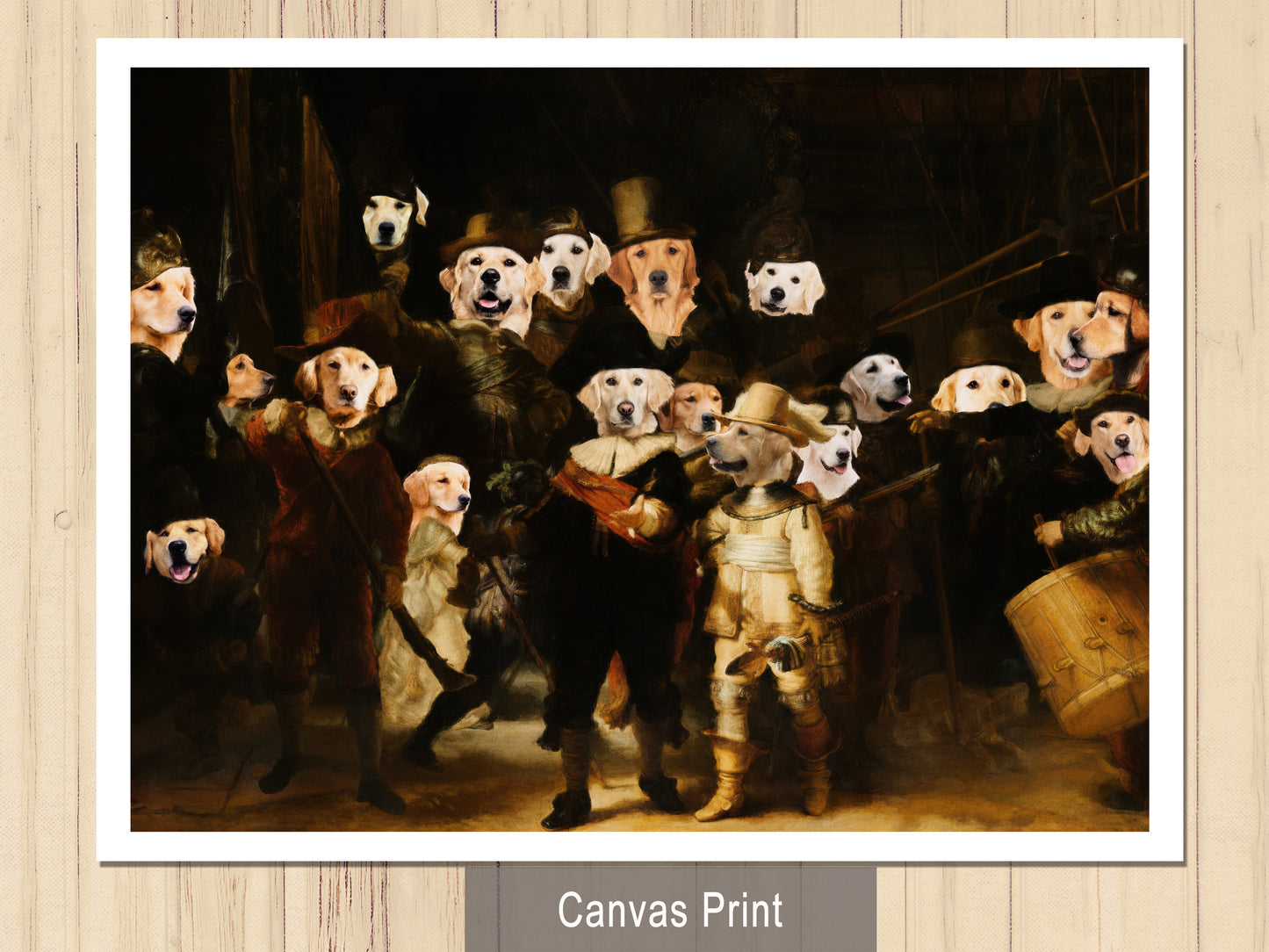 The Night Watch Rembrandt van Golden Retriever Dog Style Art Renaissance Masterpiece