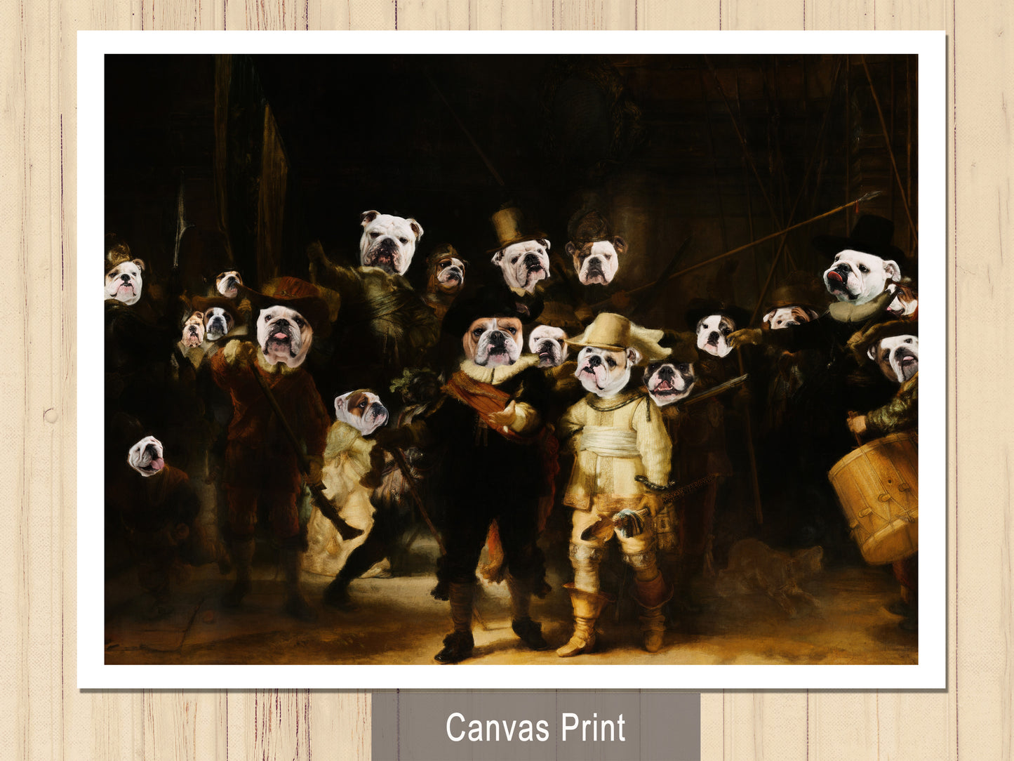 The Night Watch Rembrandt van English Bulldog Dog Style Art Renaissance Masterpiece