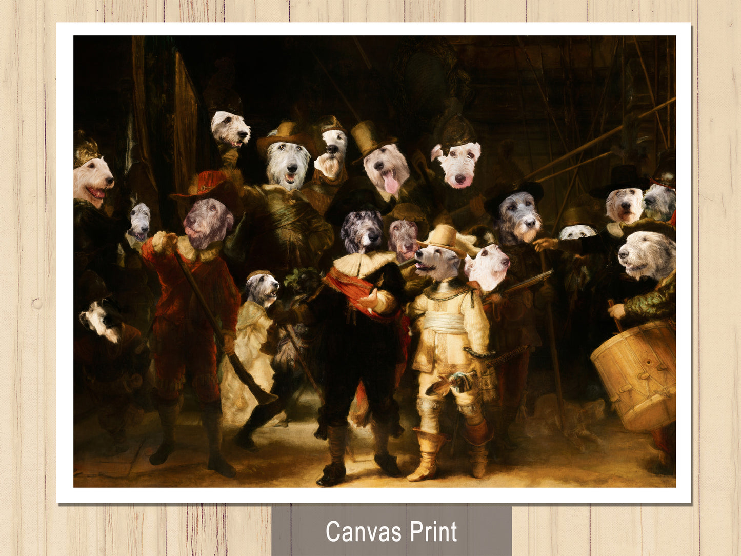 The Night Watch Rembrandt van Irish Wolfhound Dog Style Art Renaissance Masterpiece