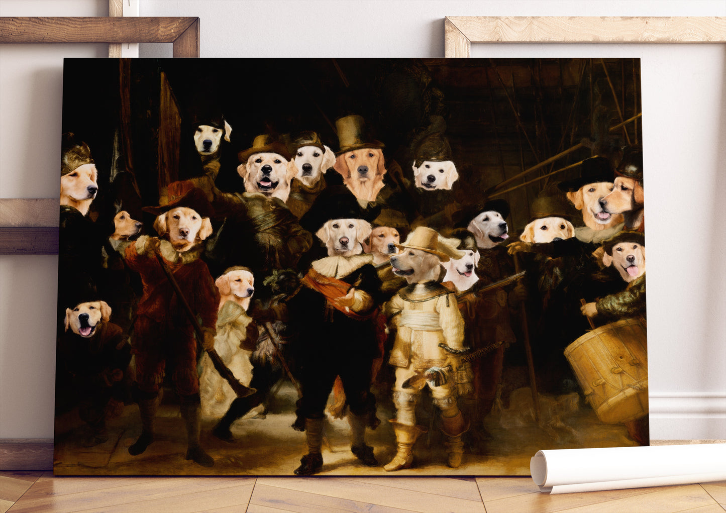 The Night Watch Rembrandt van Golden Retriever Dog Style Art Renaissance Masterpiece