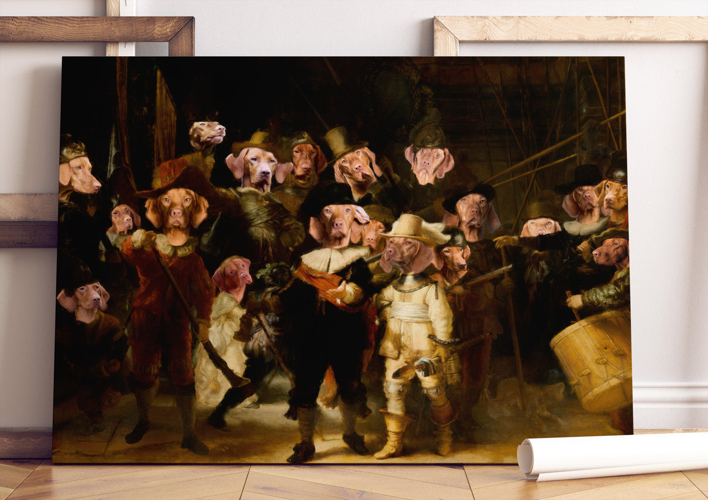 The Night Watch Rembrandt van Vizsla Dog Style Art Renaissance Masterpiece