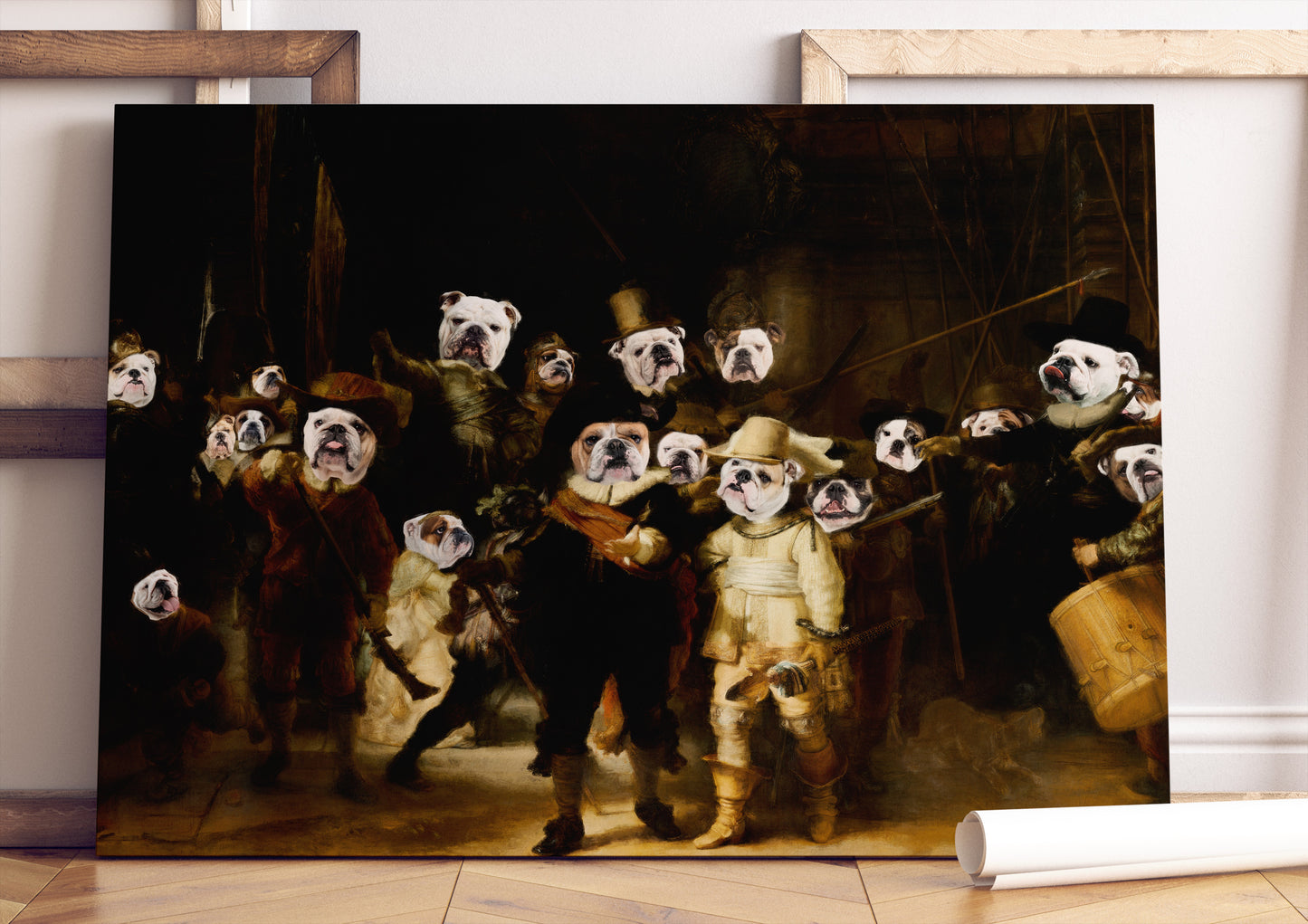 The Night Watch Rembrandt van English Bulldog Dog Style Art Renaissance Masterpiece
