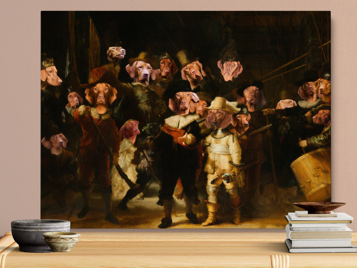 The Night Watch Rembrandt van Vizsla Dog Style Art Renaissance Masterpiece