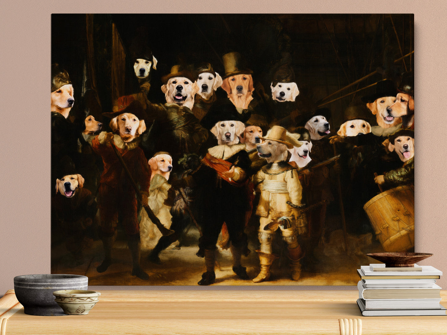 The Night Watch Rembrandt van Golden Retriever Dog Style Art Renaissance Masterpiece
