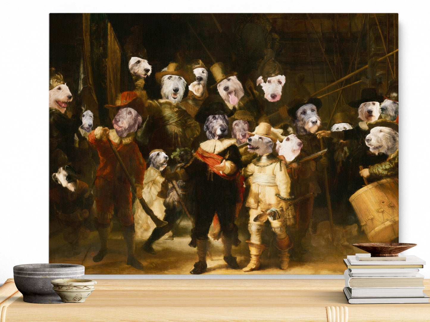The Night Watch Rembrandt van Irish Wolfhound Dog Style Art Renaissance Masterpiece