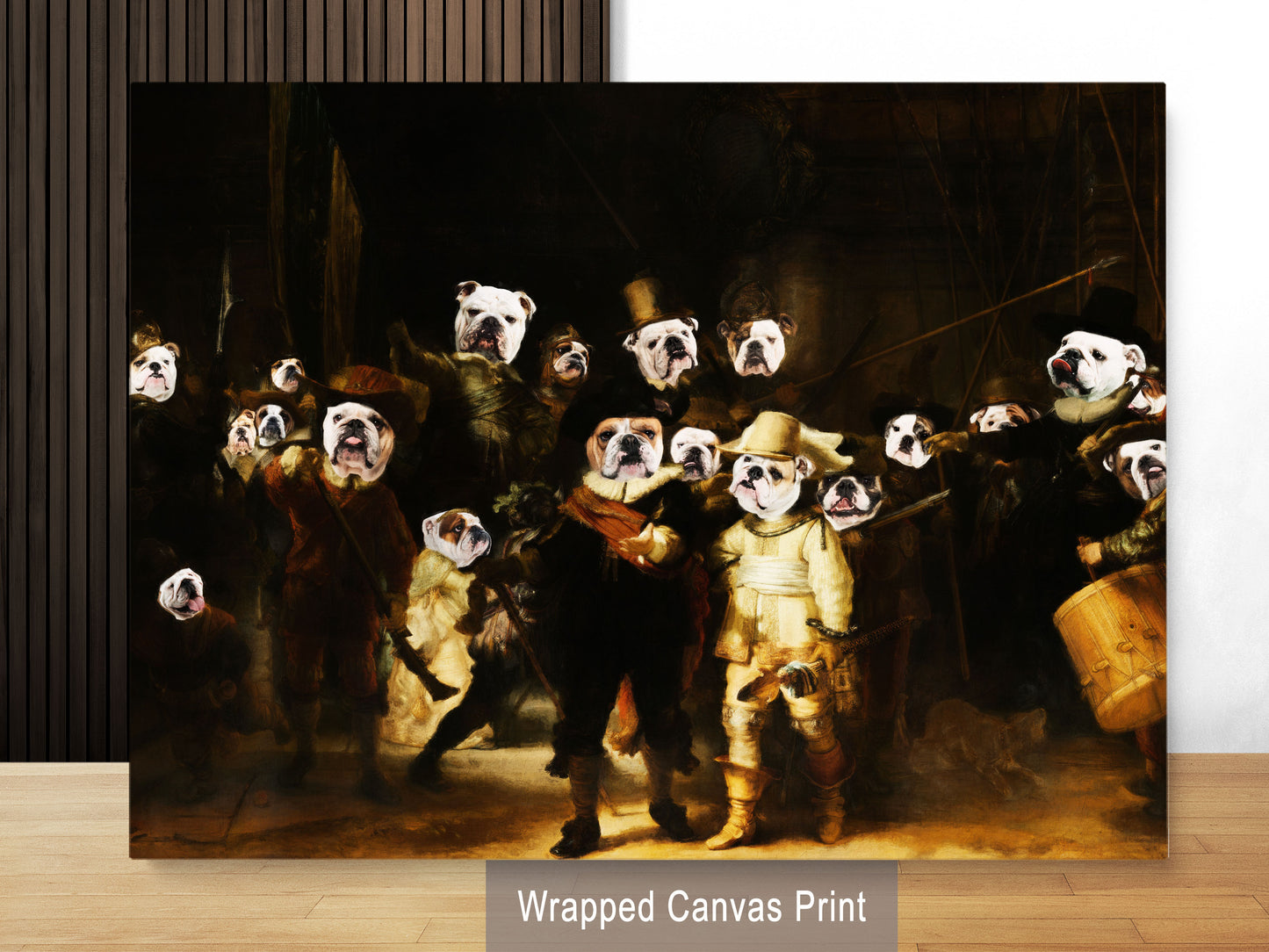 The Night Watch Rembrandt van English Bulldog Dog Style Art Renaissance Masterpiece