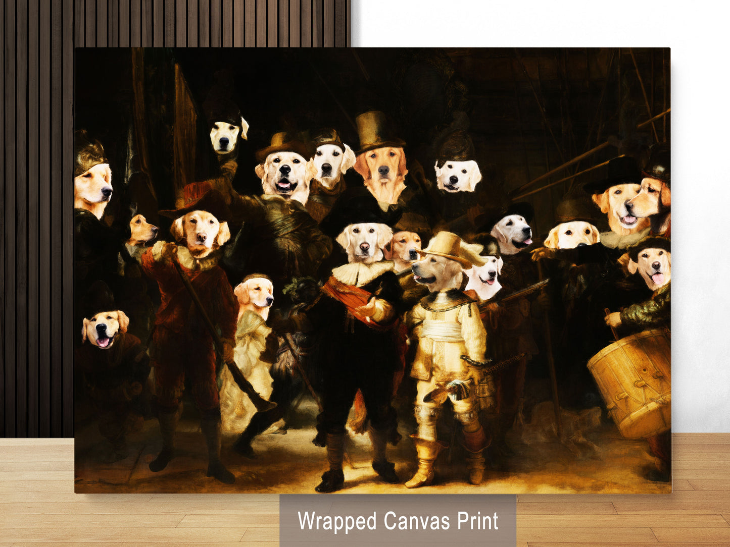 The Night Watch Rembrandt van Golden Retriever Dog Style Art Renaissance Masterpiece