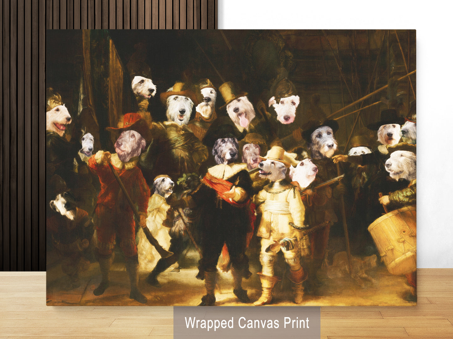 The Night Watch Rembrandt van Irish Wolfhound Dog Style Art Renaissance Masterpiece