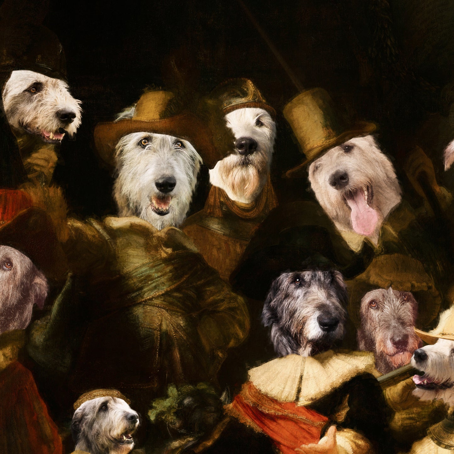 The Night Watch Rembrandt van Irish Wolfhound Dog Style Art Renaissance Masterpiece