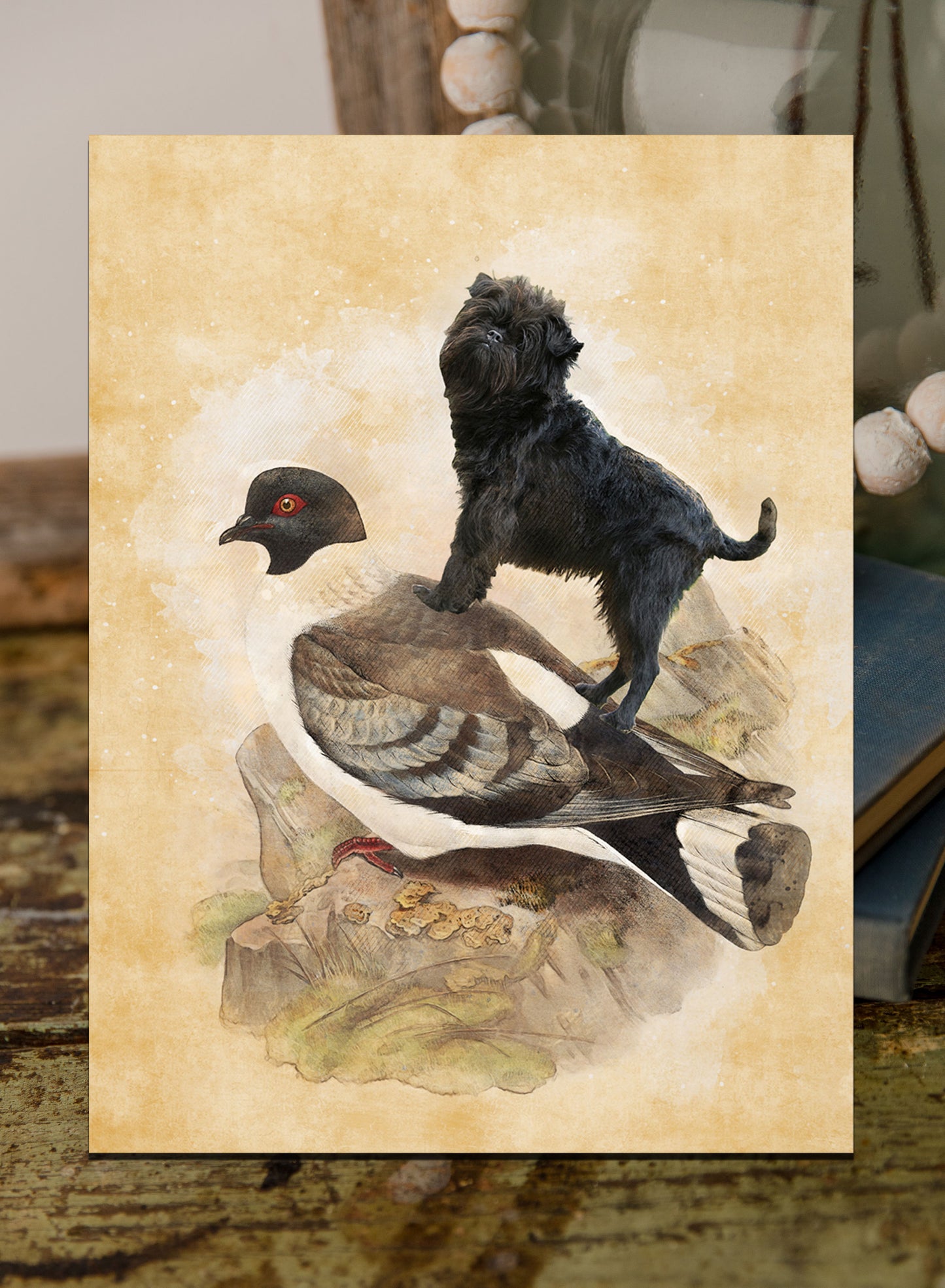 Affenpinscher and Pigeon Vintage Art by Nobility Dogs