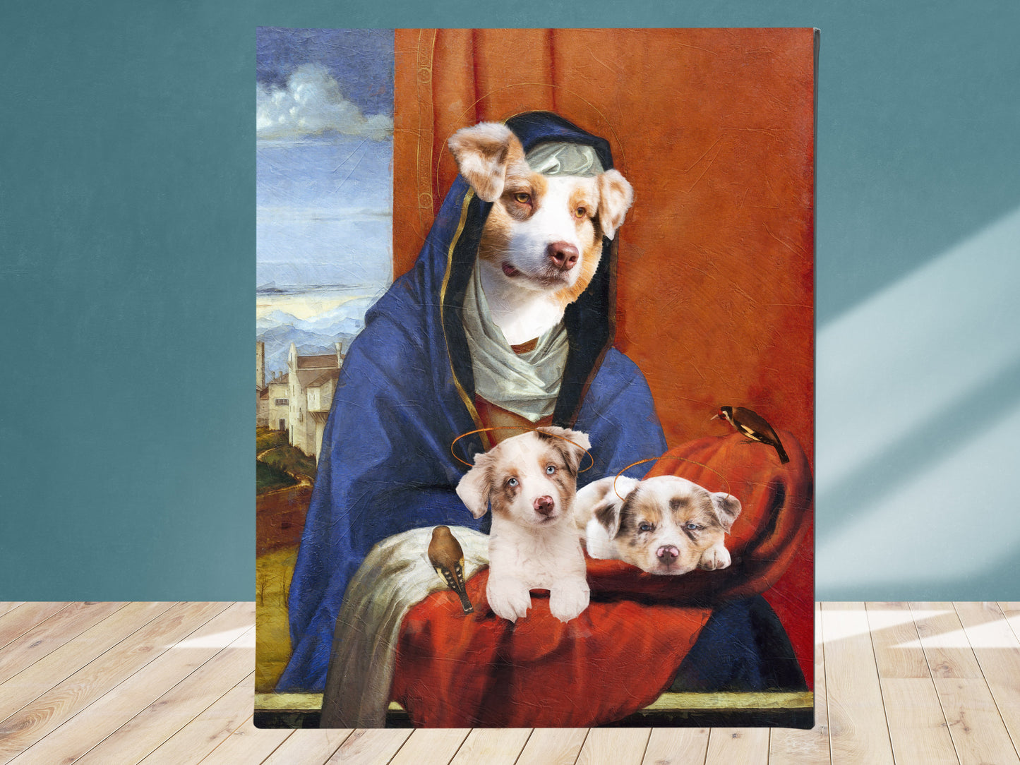 Sixtine Madonna Akita américain et chiot avec chérubins