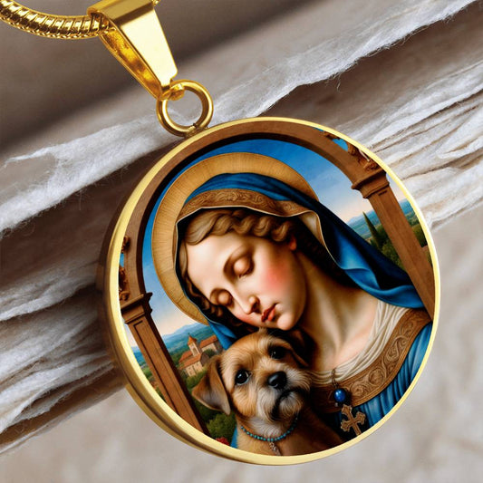 Border Terrier and Virgin Mary Necklace, Renaissance Dog Pendant with Engraving Option, Custom Dog Memorial Jewelry