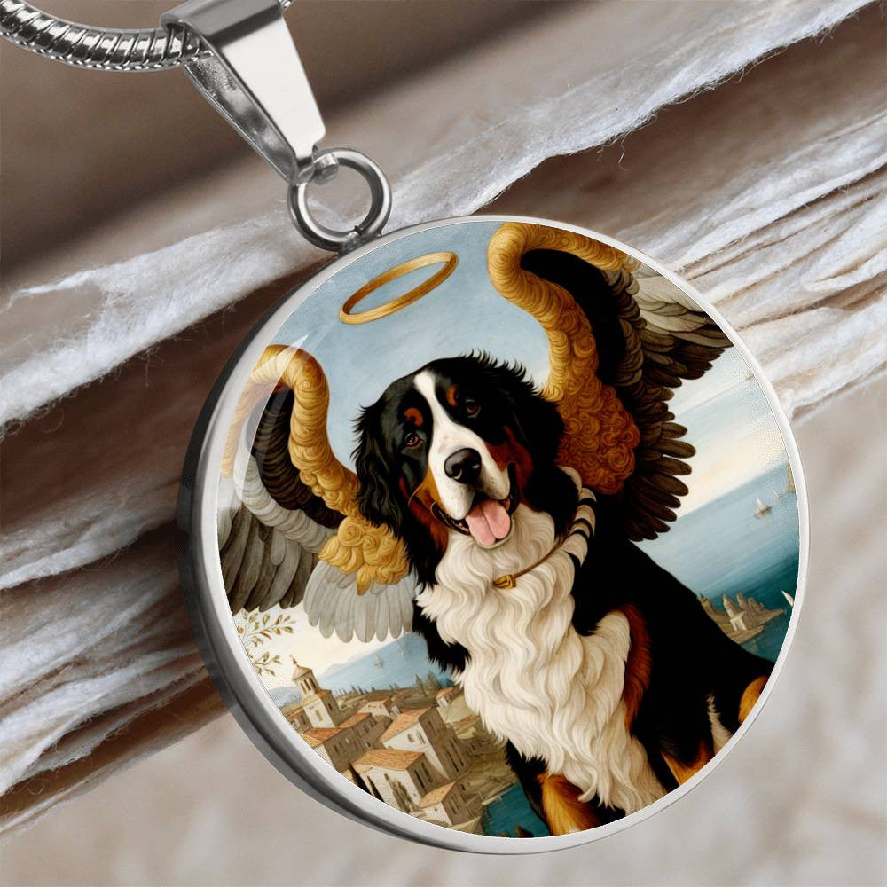 Berner Dog Gifts, Bernese Mountain Dog Angel Necklace, Personalized with Your Dog, Engrave Option, Renaissance Memorial Pendant