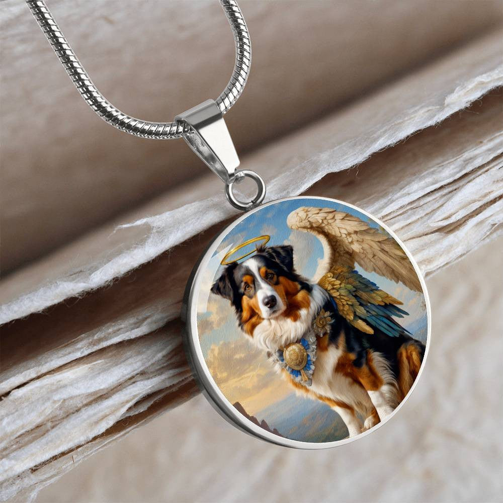 Australian Shepherd Angel Pendant, Tricolor Aussie Dog Necklace, Personalized with Engrave Option, Christmas Dog Gifts, Custom Dog Memorial Jewelry