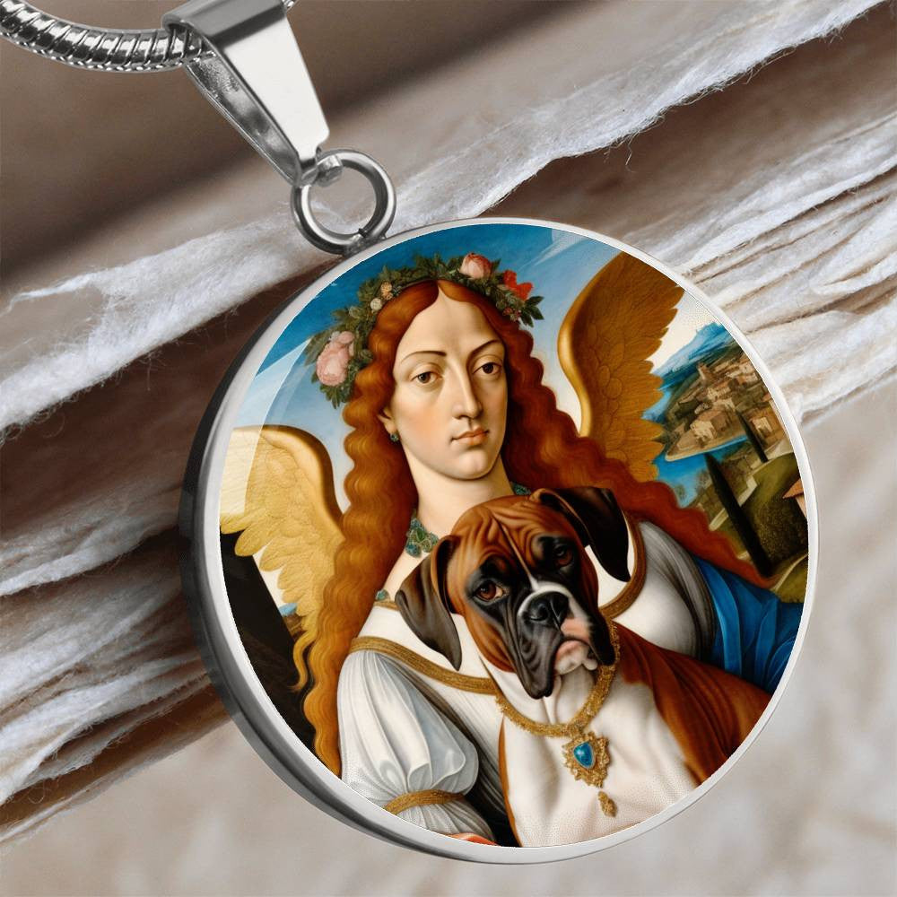 Fawn Boxer Dog and Angel Pendant, Boxer Dog Necklace, Personalized with Engrave Option, Custom Renaissance Dog Memorial Jewelry