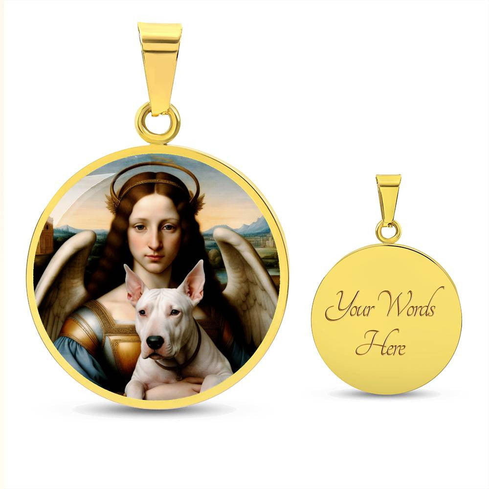 Bull Terrier and Angel Necklace, Renaissance Dog Pendant with Engraving Option, Custom Dog Memorial Jewelry