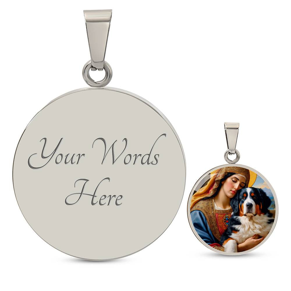 Bernese Mountain Dog Gifts, Berner Dog and Virgin Mary Necklace, Engrave Option, Renaissance Memorial Dog Pendant